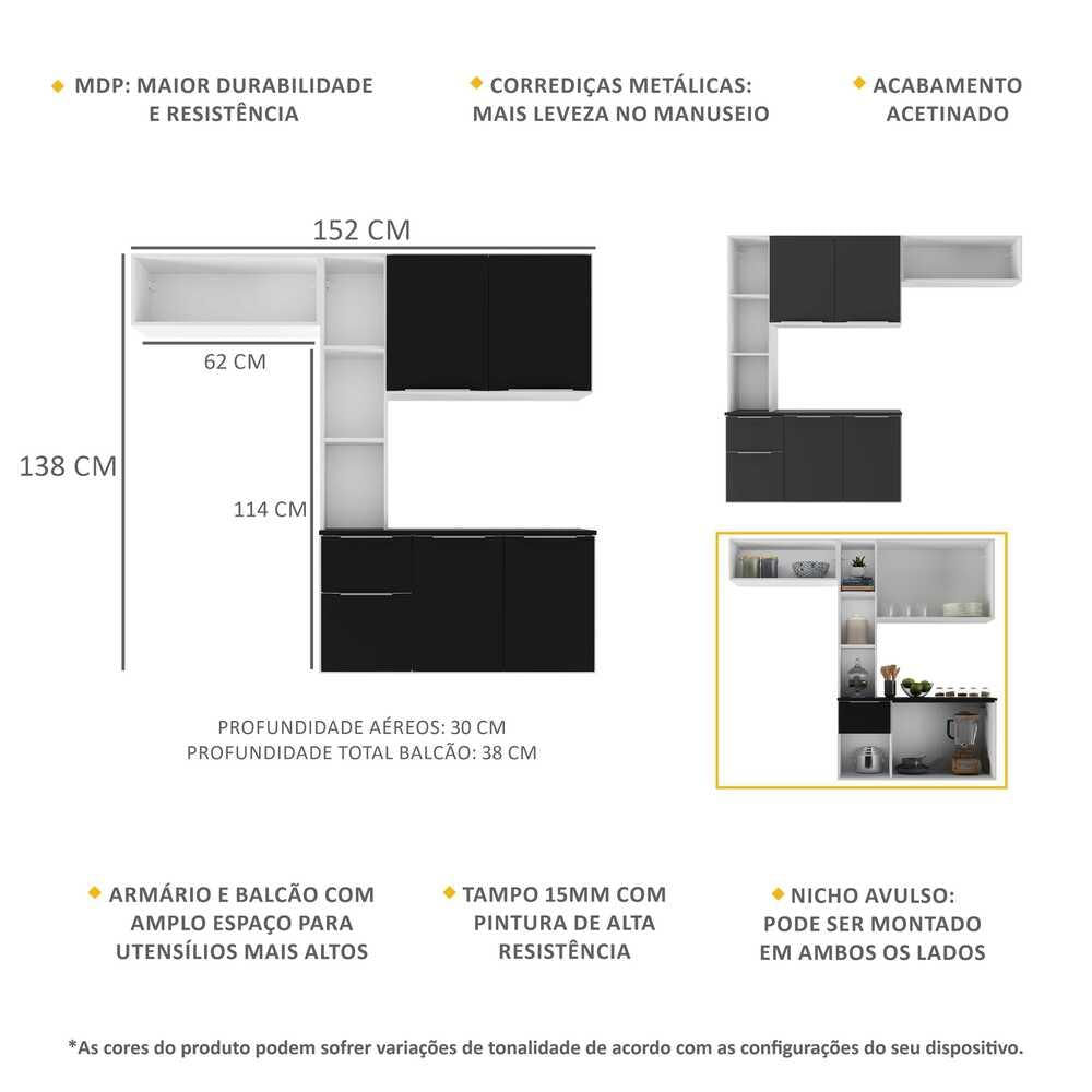Armário de Cozinha Compacta com Balcão Sofia Multimóveis V2002 BRANCO E PRETO