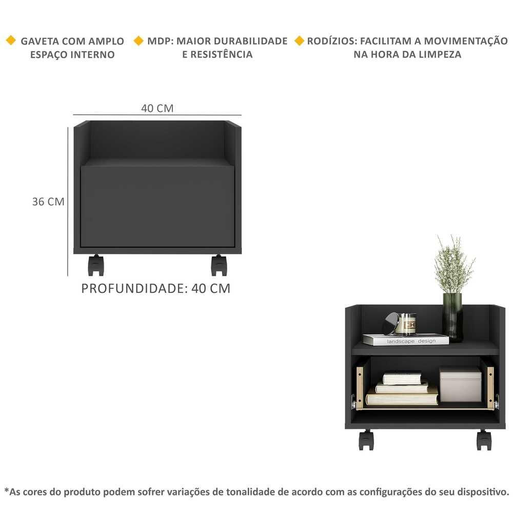 Mesa de Cabeceira 40cm com Rodízios Multimóveis V4042 Preto