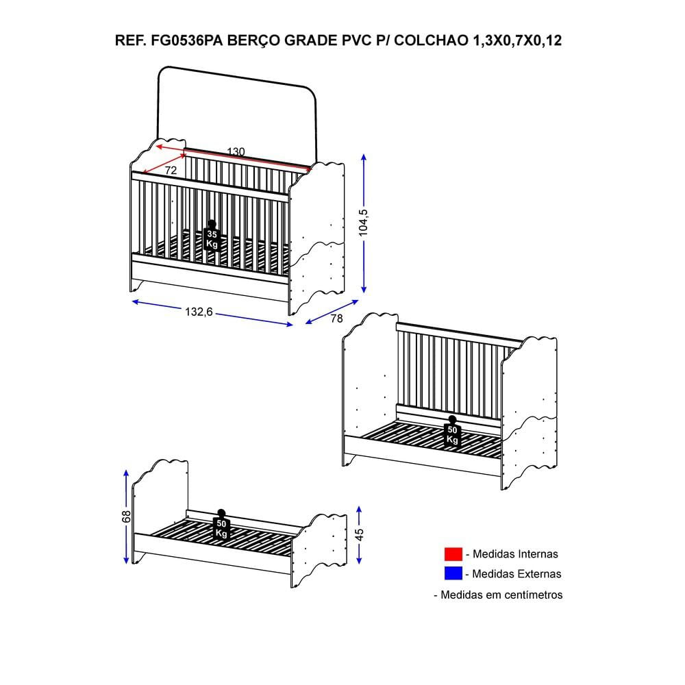 Berço Americano 3 em 1 para Colchão 70 x 130 cm Nuvem Multimóveis FG0536PA Branco