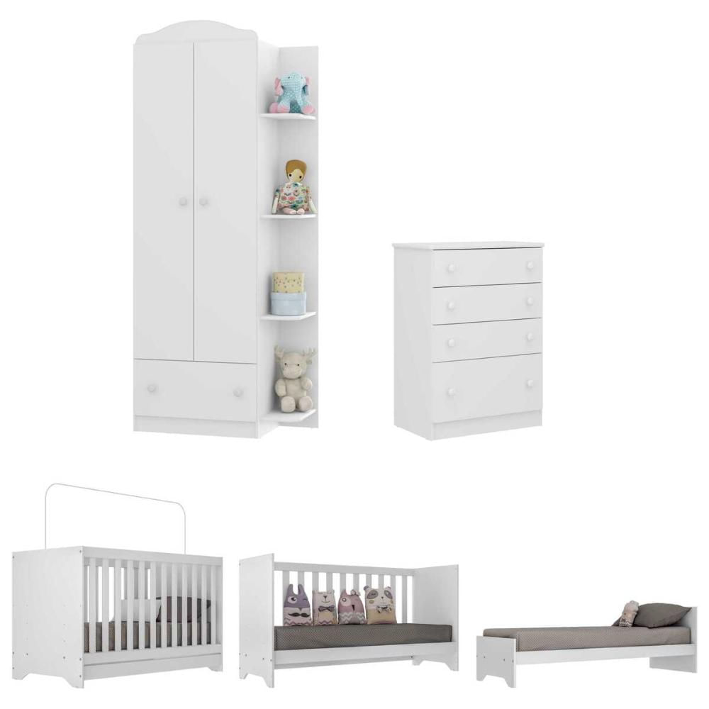 Quarto Infantil Completo com Berço 3x1 Multimóveis FG3033 Branco/Colorido