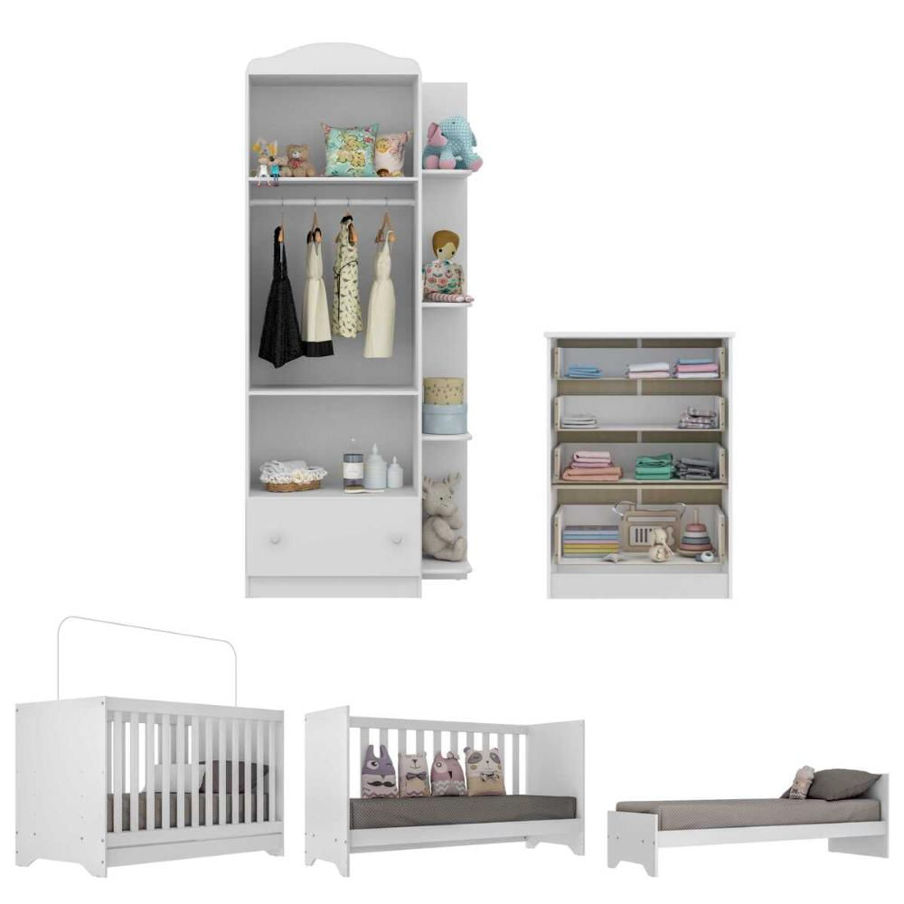 Quarto Infantil Completo com Berço 3x1 Multimóveis FG3033 Branco/Colorido