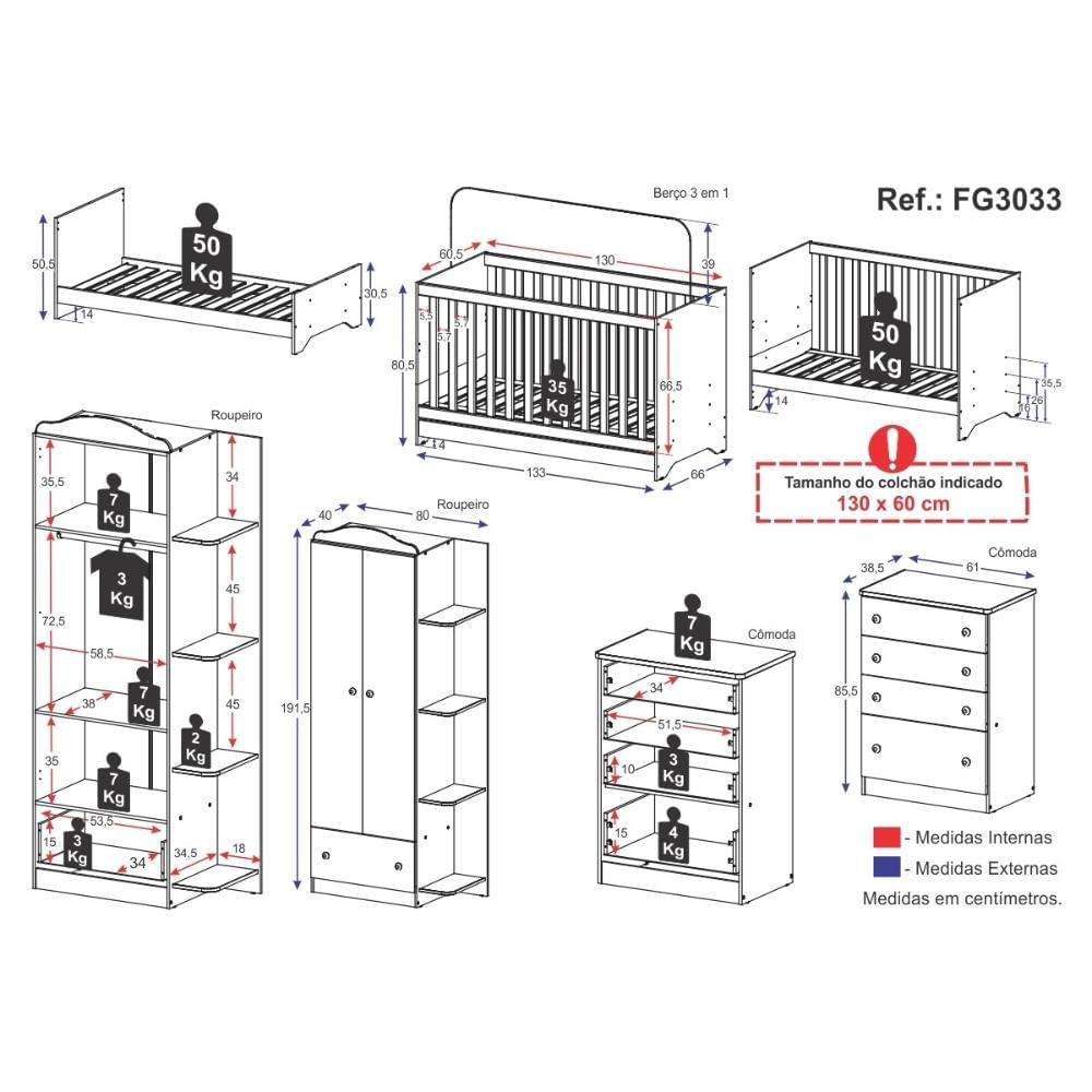 Quarto Infantil Completo com Berço 3x1 Multimóveis FG3033 Branco/Colorido