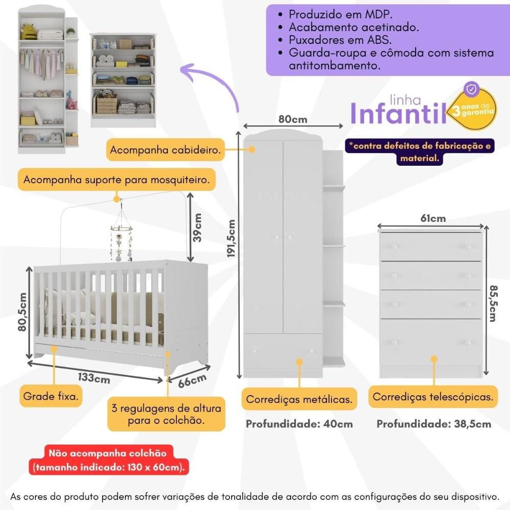 Quarto Infantil Completo com Berço 3x1 Multimóveis FG3033 Branco/Colorido