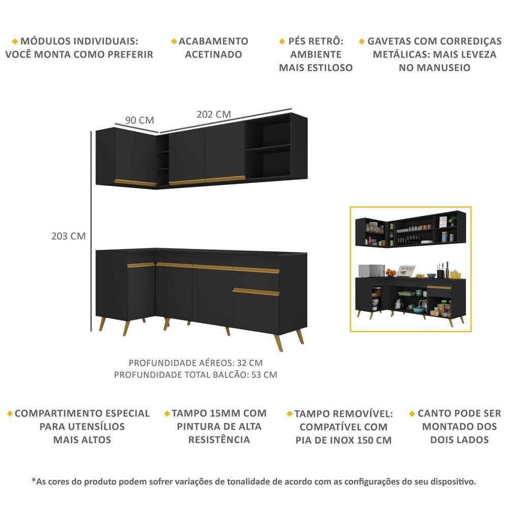 Armário de Cozinha Compacta de Canto Veneza GB Multimóveis MP2058 Preta