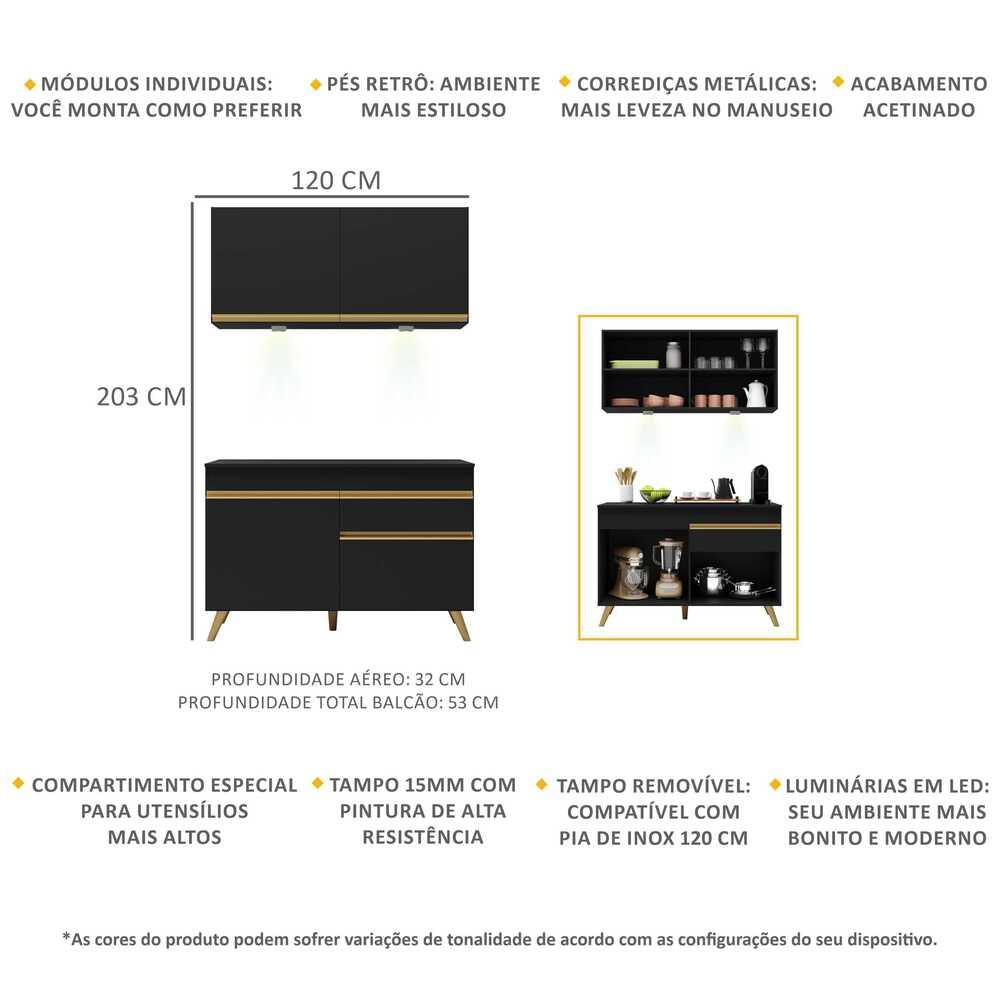 Armário de Cozinha Compacta 2 peças com Leds MP2012 Veneza Up Multimóveis Preta