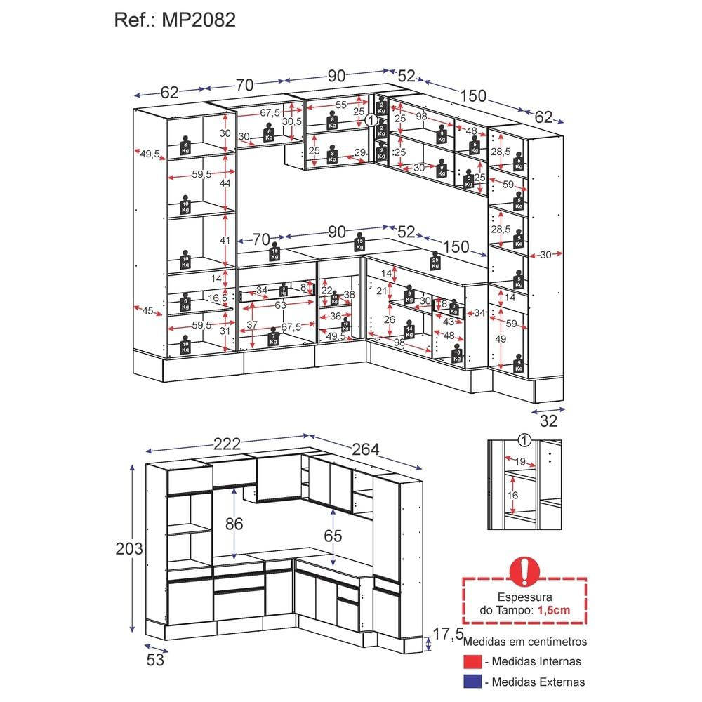 Armário de Cozinha Completa de Canto com Rodapé Veneza Multimóveis MP2082.964 Branco/Preto