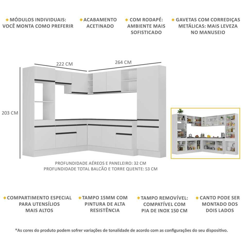 Armário de Cozinha Completa de Canto com Rodapé Veneza Multimóveis MP2082.964 Branco/Preto