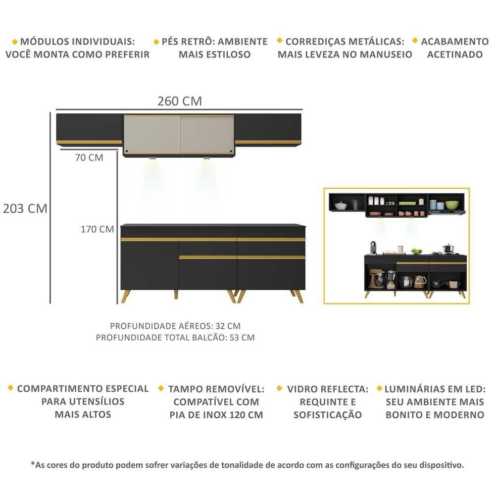 Armário de Cozinha Completa 5 peças com Leds MP2033 Veneza Up Multimóveis Preta