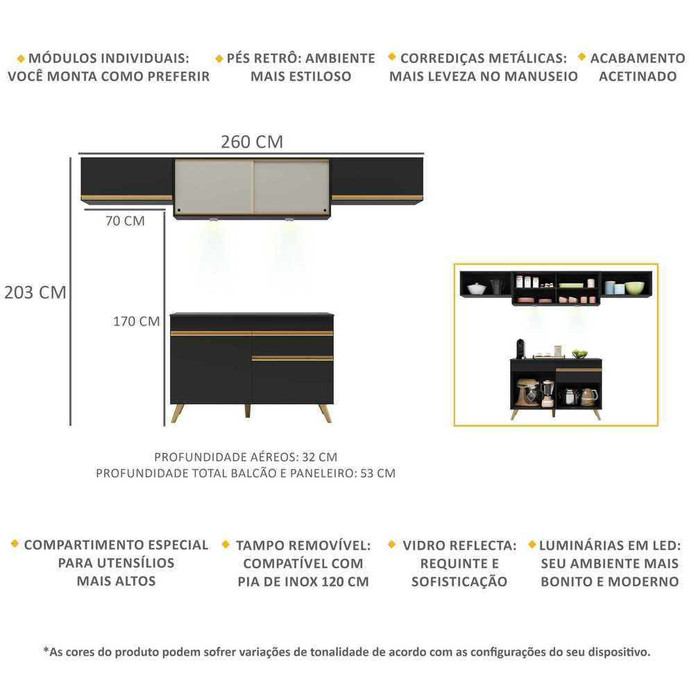 Armário de Cozinha Compacta 4 peças com Leds MP2023 Veneza Up Multimóveis Preta