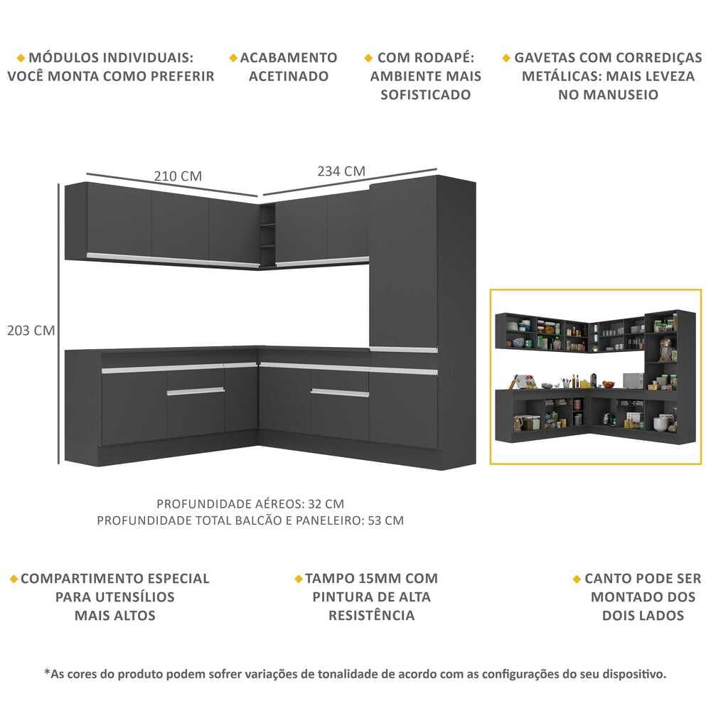 Armário de Cozinha Completa de Canto com Rodapé Veneza Multimóveis MP2101.898 Preto/Branco