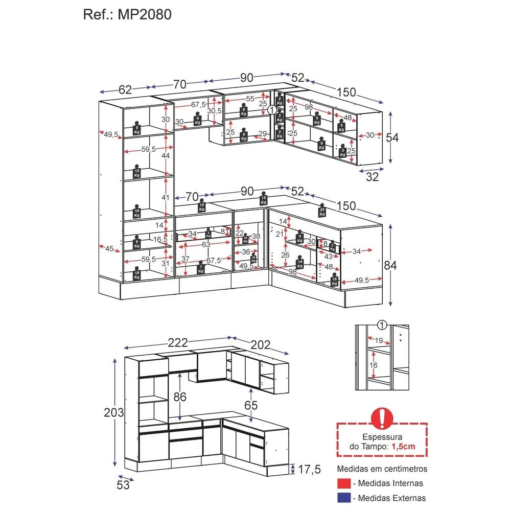 Armário de Cozinha Completa de Canto com Rodapé Veneza Multimóveis MP2080.964 Branco/Preto