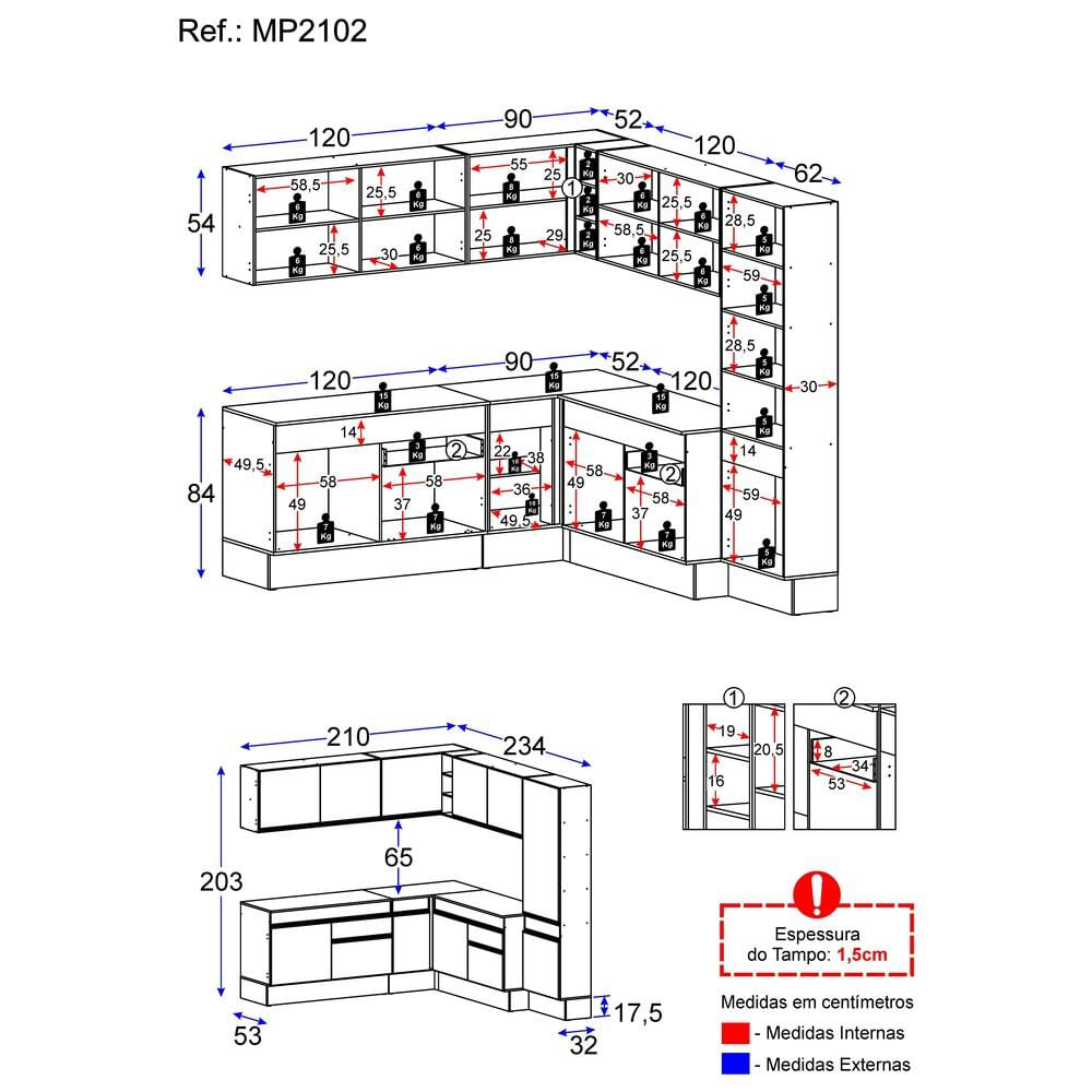 Armário de Cozinha Completa de Canto com Rodapé Veneza Multimóveis MP2102.964 Branco/Preto