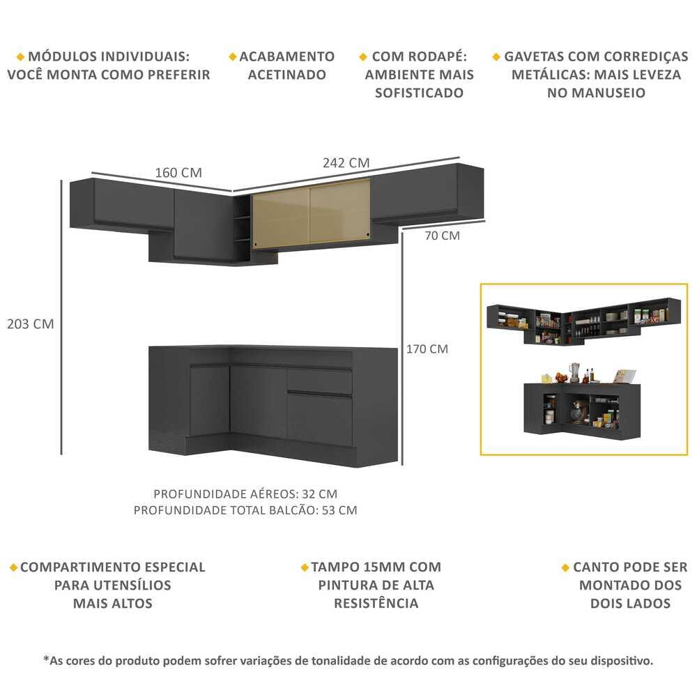 Armário de Cozinha Completa de Canto com Rodapé Veneza Multimóveis MP2095.895 Preto