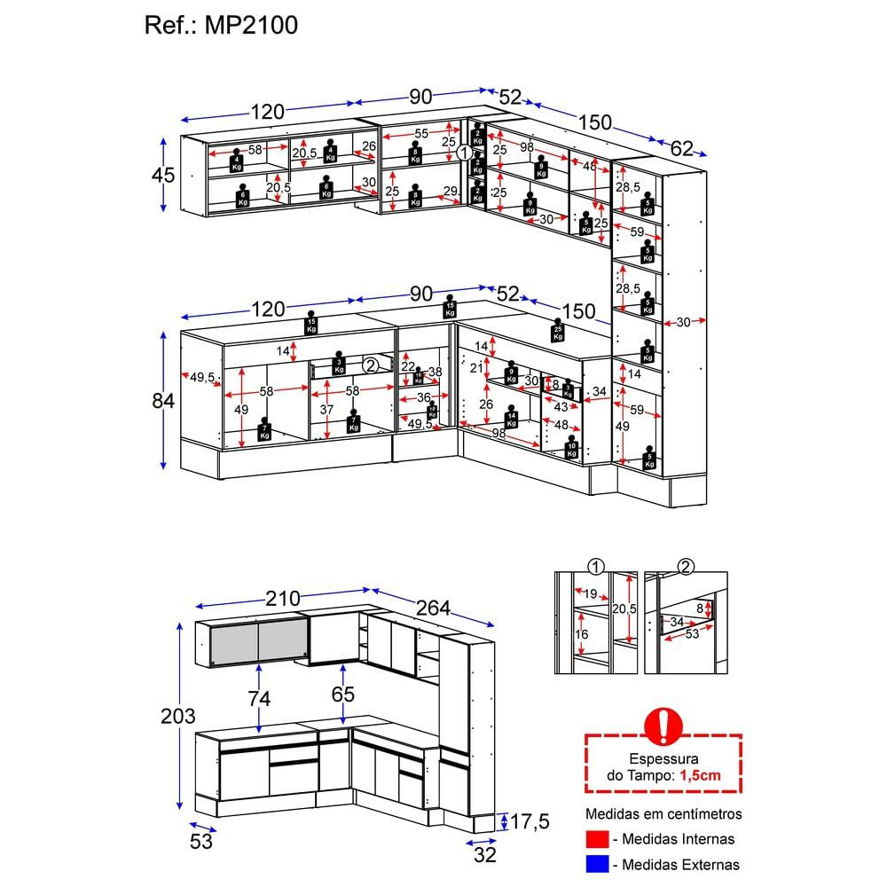 Armário de Cozinha Completa de Canto com Rodapé Veneza Multimóveis MP2100.964 Branco/Preto