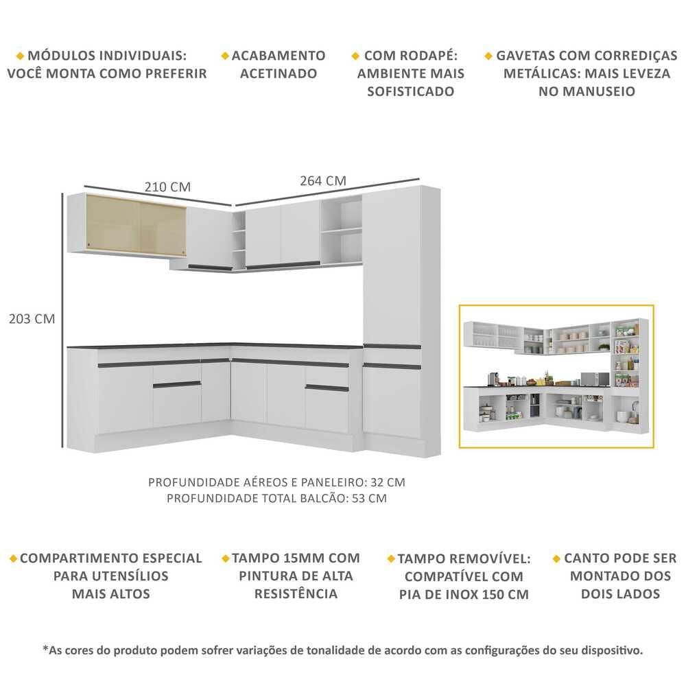 Armário de Cozinha Completa de Canto com Rodapé Veneza Multimóveis MP2100.964 Branco/Preto