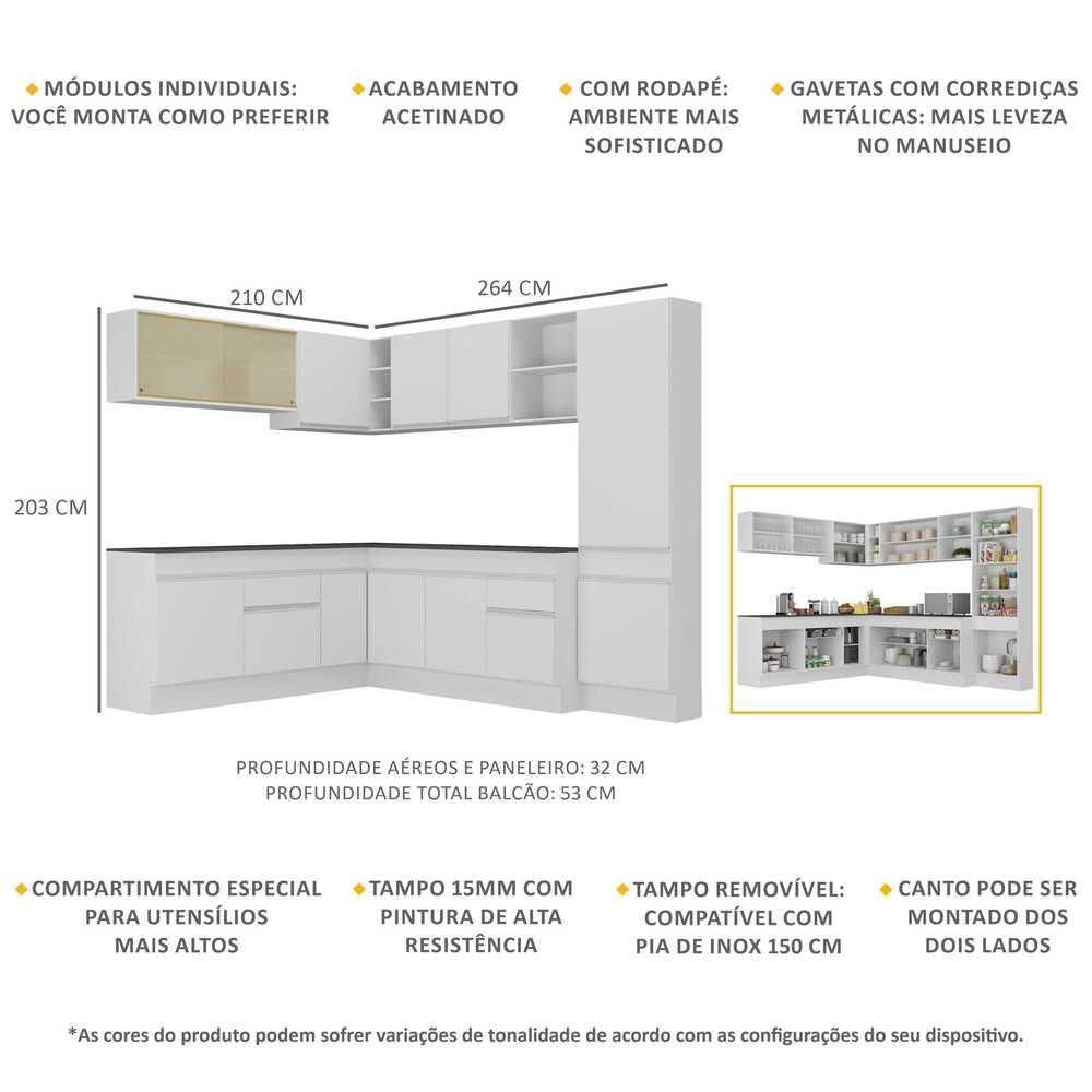 Armário de Cozinha Completa de Canto com Rodapé Veneza Multimóveis MP2100.891 Branco