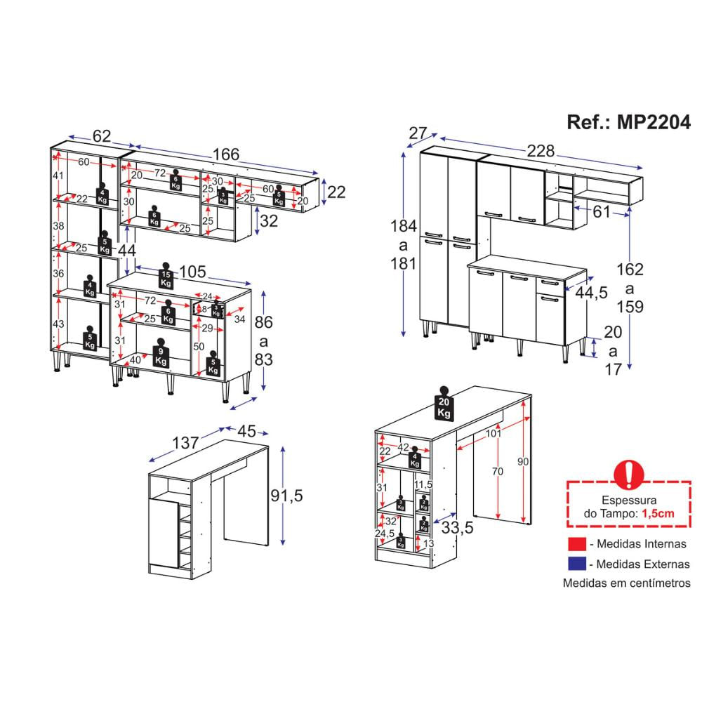 Armário de Cozinha Compacta com Bancada Americana Pequim Multimóveis MP2204 Preto