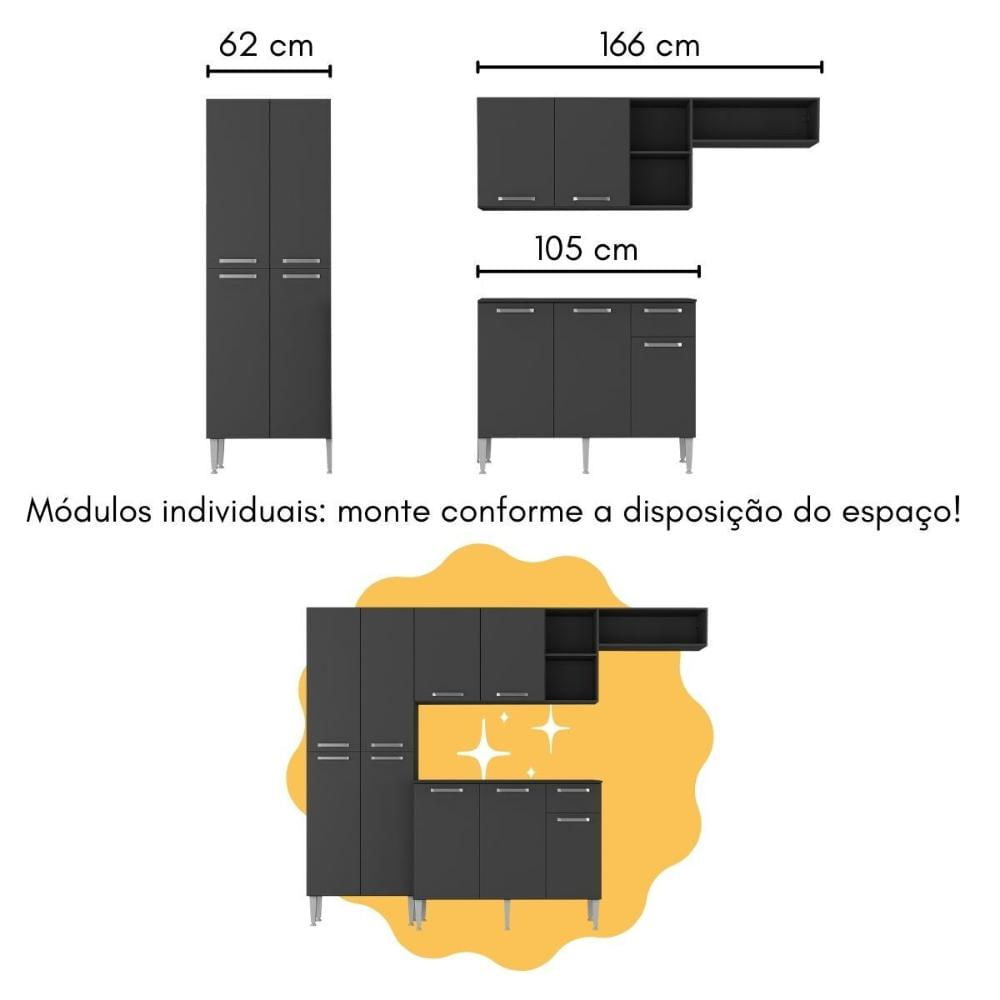 Armário de Cozinha Compacta com Bancada Americana Pequim Multimóveis MP2204 Preto