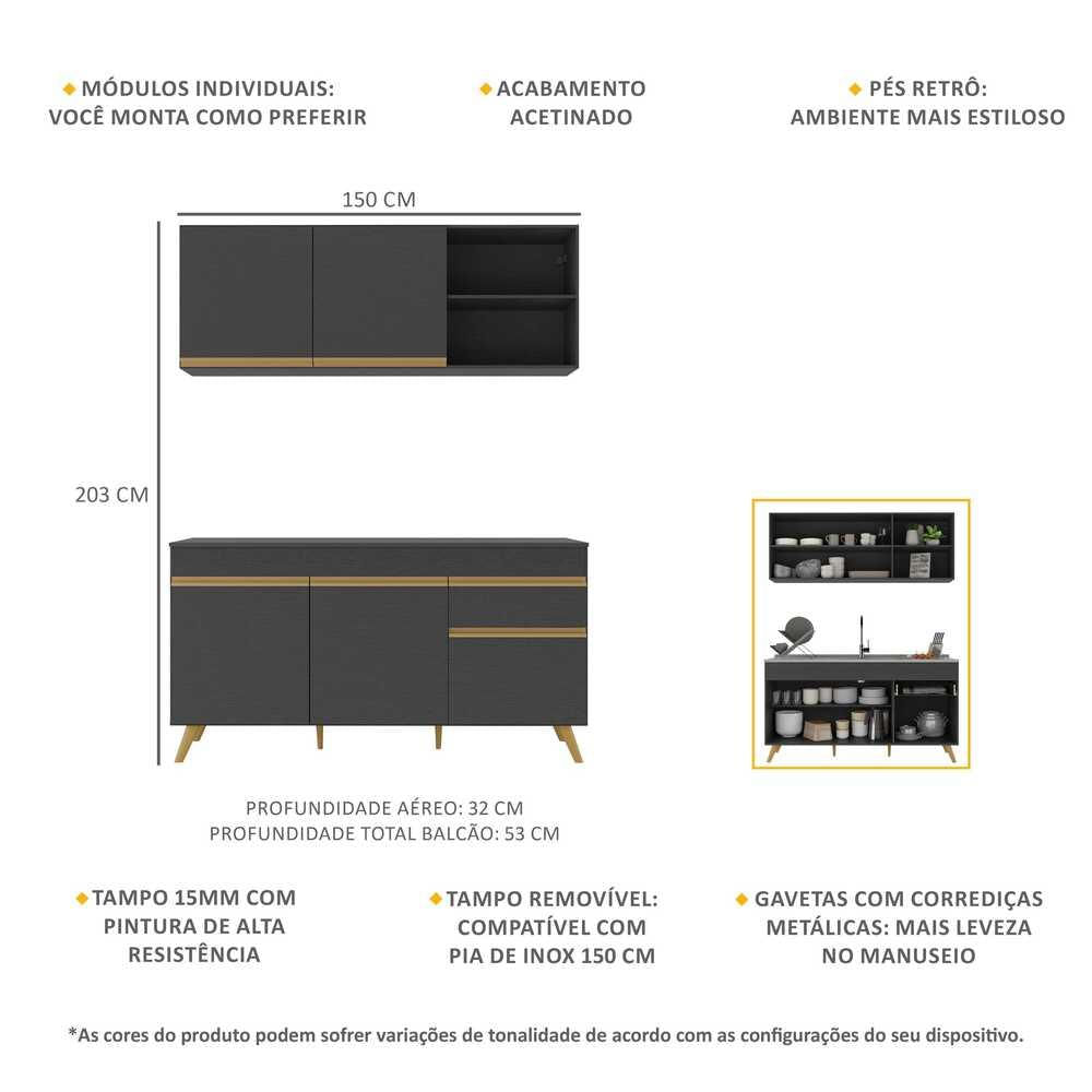 Armário de Cozinha Compacta Veneza Multimóveis MP2142.130 Preto