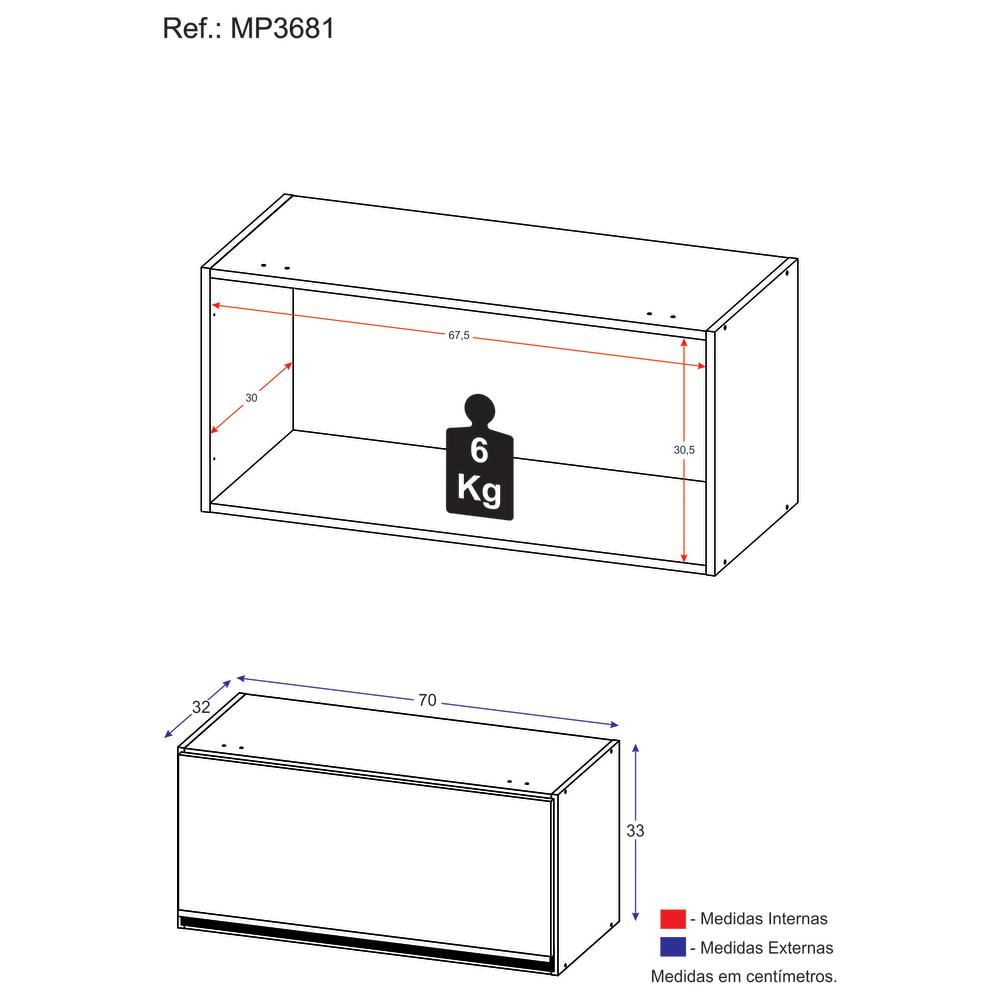 Armário Aéreo Cozinha 70 cm 1 Porta Basculante Veneza GW Multimóveis Branco