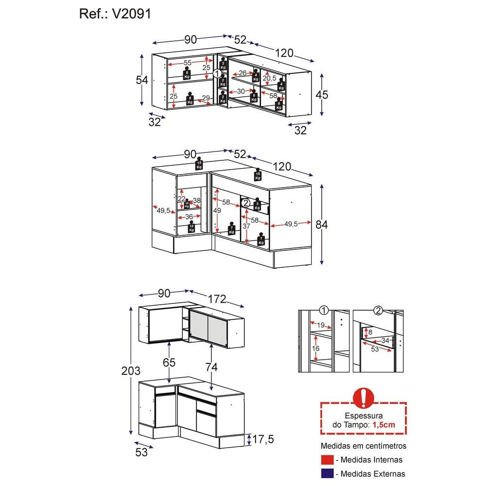 Armário de Cozinha Compacta de Canto com Rodapé Veneza Multimóveis V2091 Preto