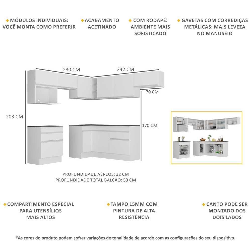 Armário de Cozinha Completa de Canto com Rodapé Veneza Multimóveis V2106 Branco