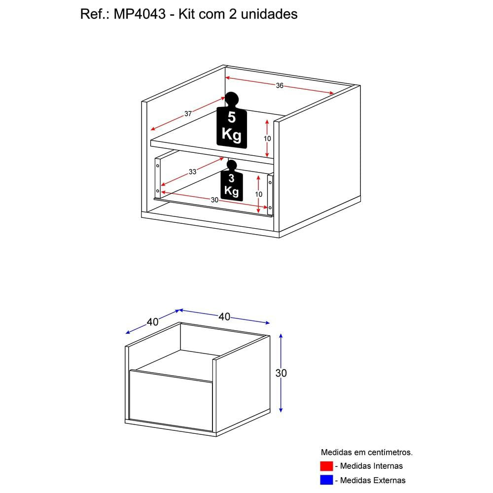 Kit com 2 Mesas de Cabeceira 40 cm Suspensa Multimóveis MP4043 Preta