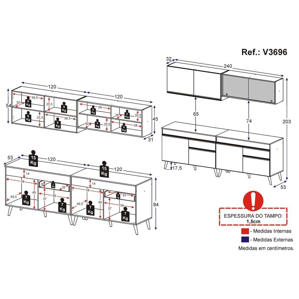 Armário de Cozinha Compacta 240cm Veneza Multimóveis V3696 BRANCO E PRETO