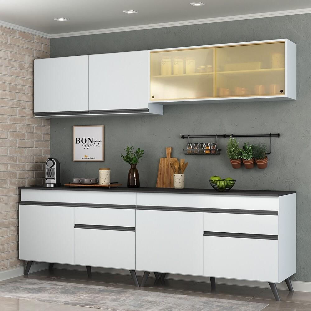 Armário de Cozinha Compacta 240cm Veneza Multimóveis V3696 BRANCO E PRETO