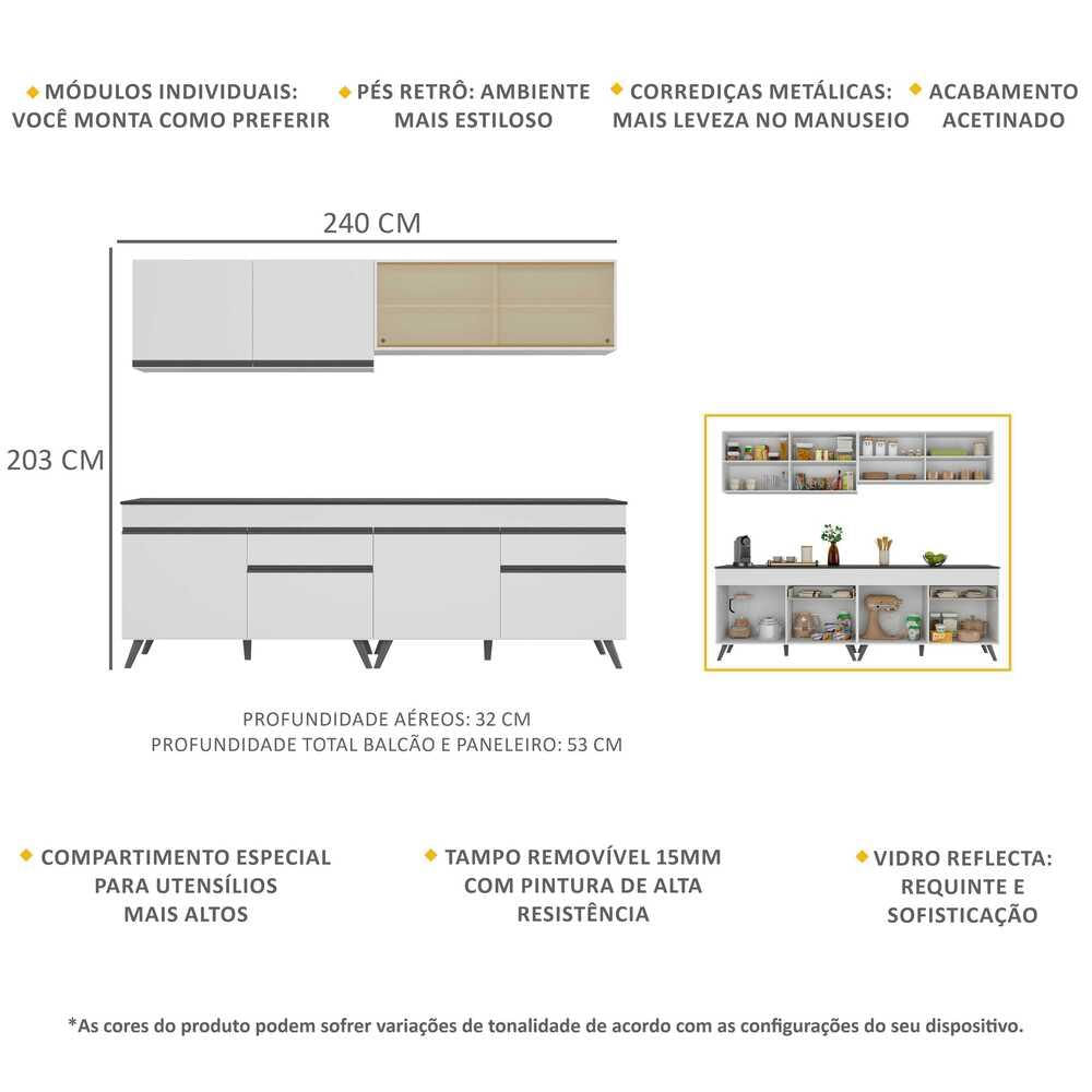 Armário de Cozinha Compacta 240cm Veneza Multimóveis V3696 BRANCO E PRETO