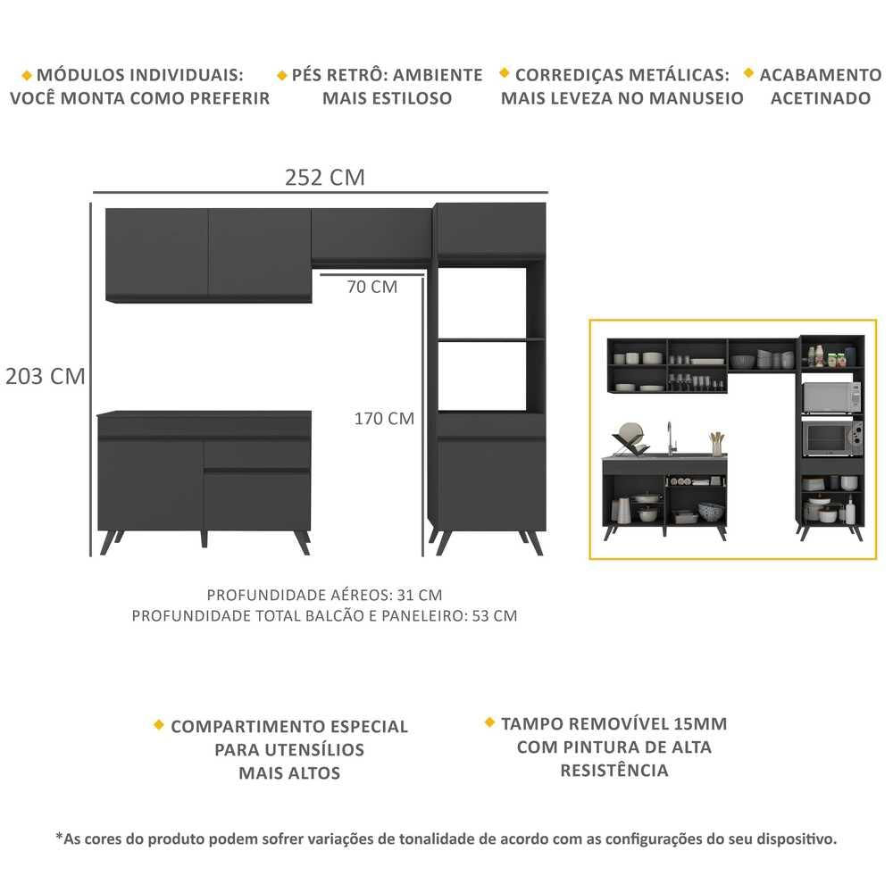 Armário de Cozinha Compacta 252cm Veneza Multimóveis V3693 Preto