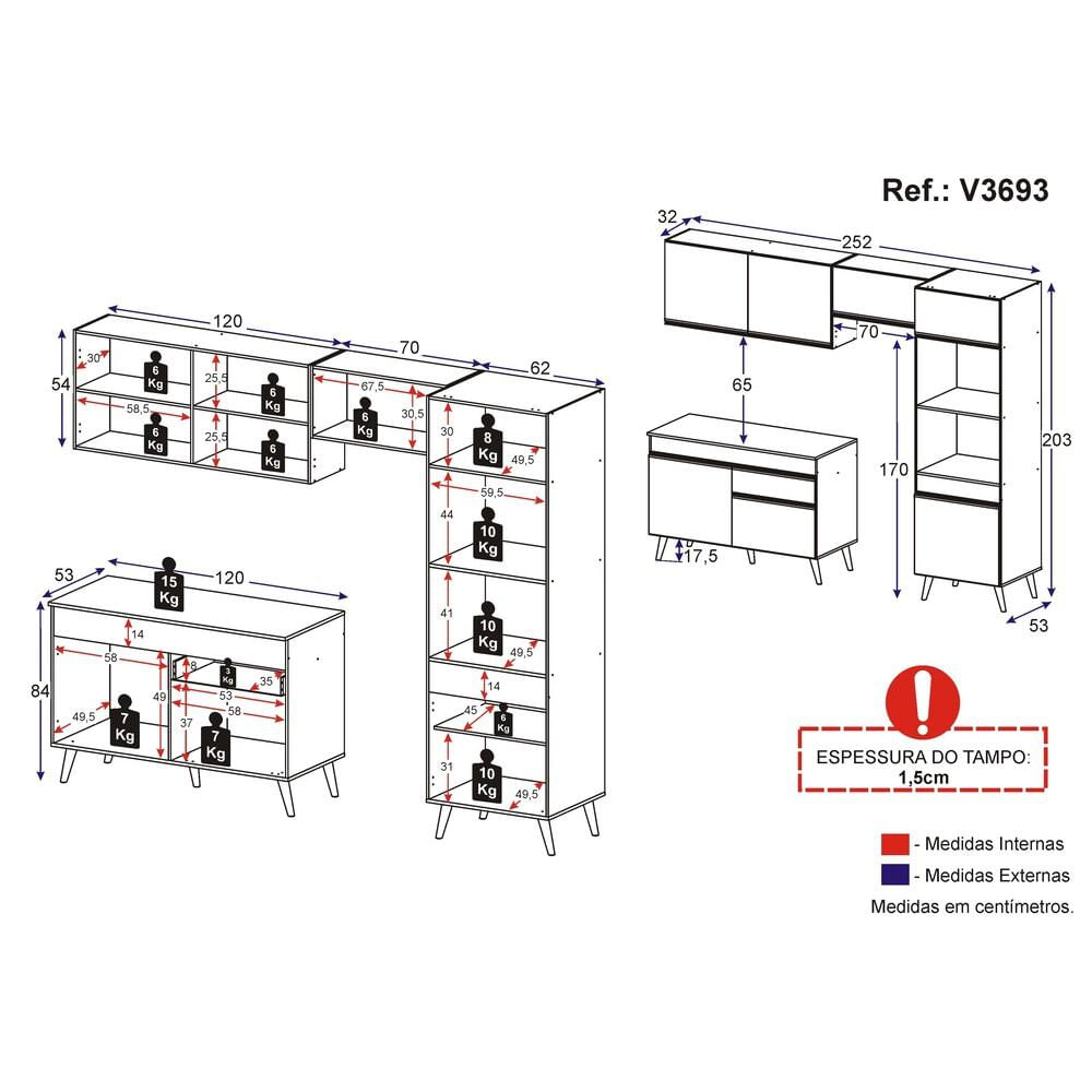 Armário de Cozinha Compacta 252cm Veneza Multimóveis V3693 Preto