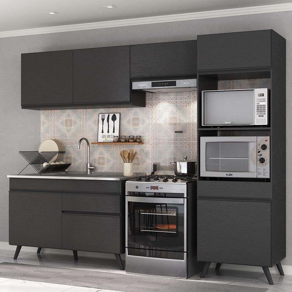 Armário de Cozinha Compacta 252cm Veneza Multimóveis V3693 Preto