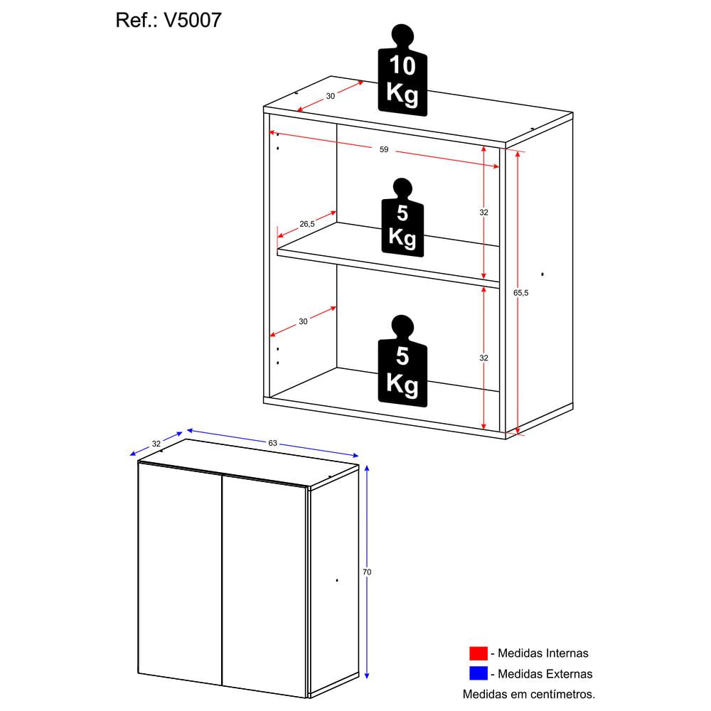 Gabinete Banheiro 2 Portas Suspenso 63cm Multimóveis V5007 Branco