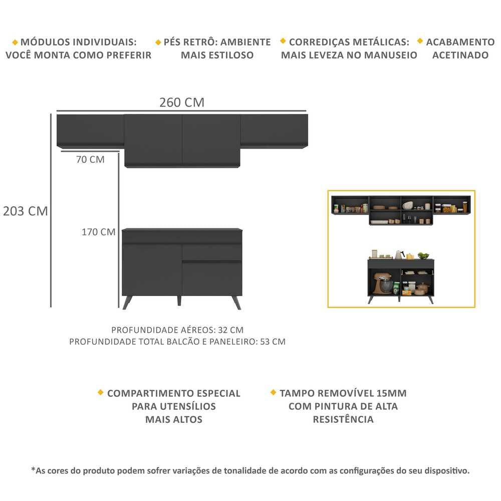 Armário de Cozinha Compacta 260cm Veneza Multimóveis V3697 Preto