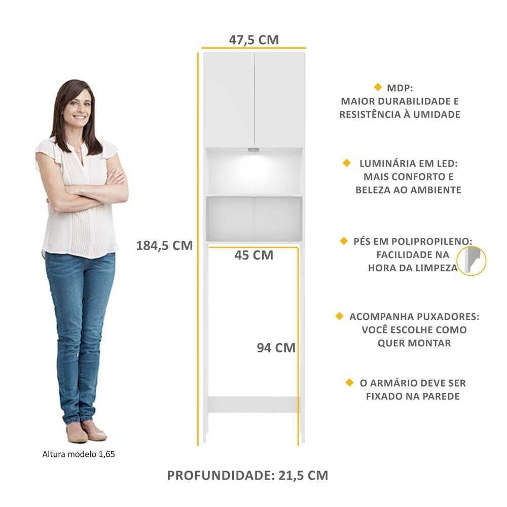 Armário Banheiro com Led para Vaso Sanitário e 2 portas Multimóveis FG3401 Branco