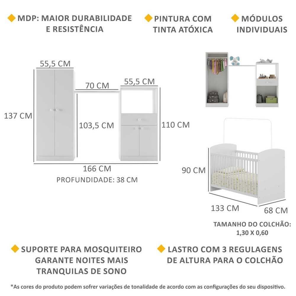 Quarto de Bebê Completo Berço/Guarda-Roupa/Cômoda FG2869 Multimóveis Branco