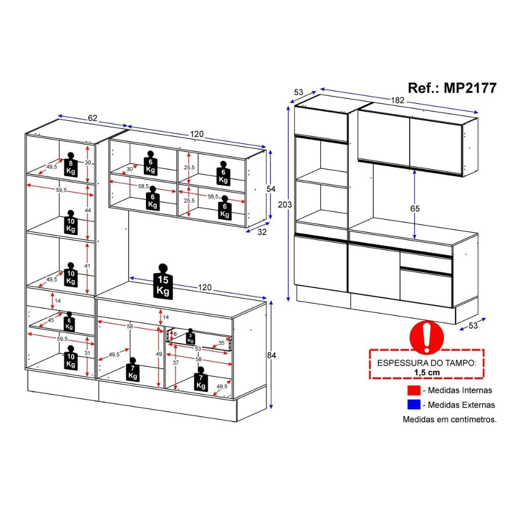 Armário de Cozinha Compacta 3 peças com Rodapé MP2177 Made Multimóveis BRANCO E PRETO