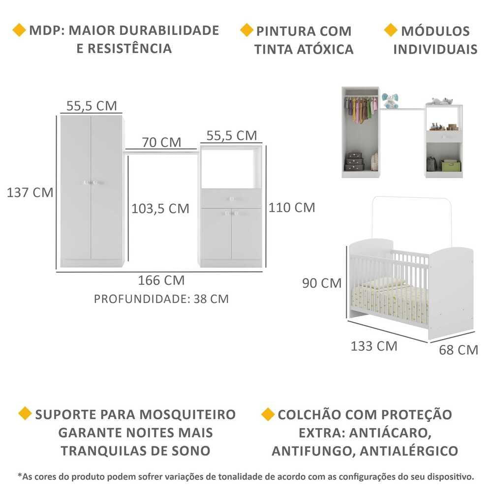 Quarto Infantil com Colchão Incluso Meu Bebê Multimóveis Branco