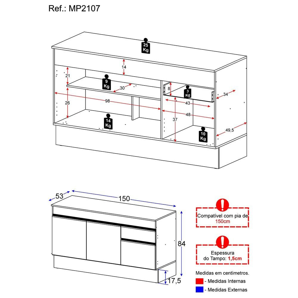 Balcão Cozinha com Rodapé Gabinete Pia 150 cm 3 Portas 1 Gaveta Veneza GB Multimóveis MP2107 Preto