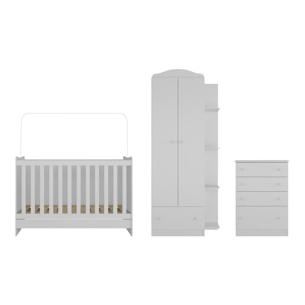 Quarto Infantil Completo João e Maria com berço 4 em 1 + colchão Multimóveis + Roupeiro e cômoda Bco