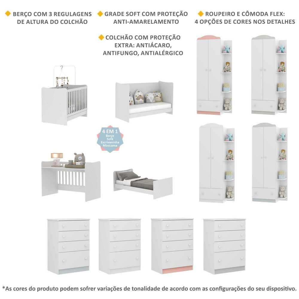 Quarto Infantil Completo João e Maria com berço 4 em 1 + colchão Multimóveis + Roupeiro e cômoda Bco