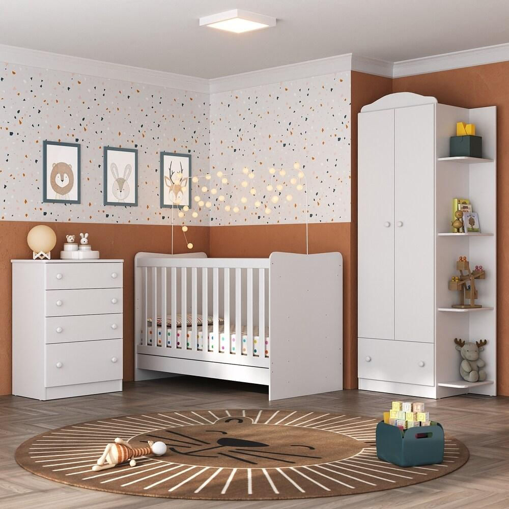 Quarto Infantil Completo João e Maria com berço 4 em 1 + colchão Multimóveis + Roupeiro e cômoda Bco