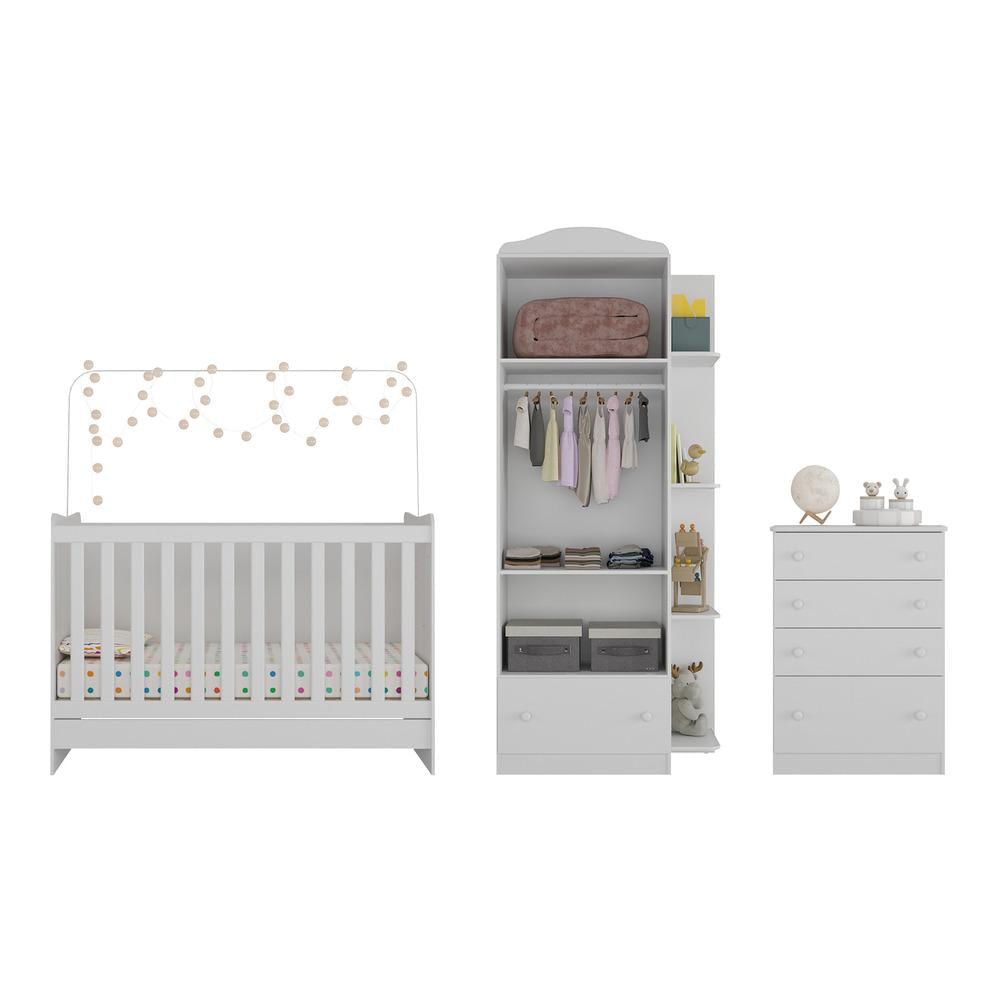 Quarto Infantil Completo João e Maria com berço 4 em 1 + colchão Multimóveis + Roupeiro e cômoda Bco