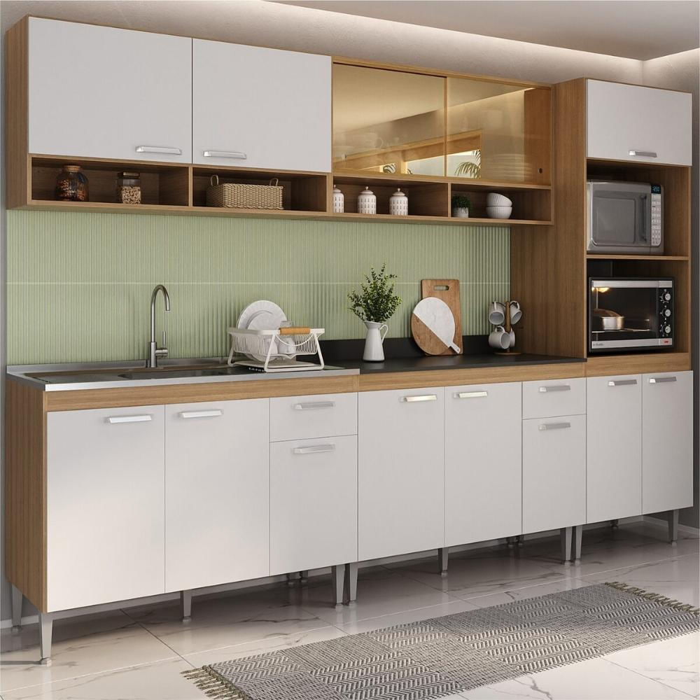 Cozinha Completa Modulada com Armário e Balcão 5 Pçs Paris Multimóveis MP2225 Rustic/Branco