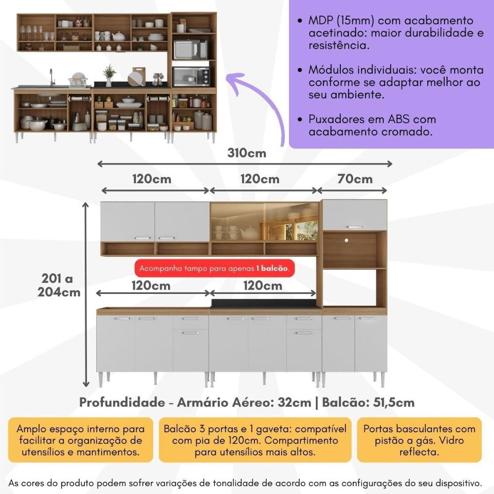 Cozinha Completa Modulada com Armário e Balcão 5 Pçs Paris Multimóveis MP2225 Rustic/Branco