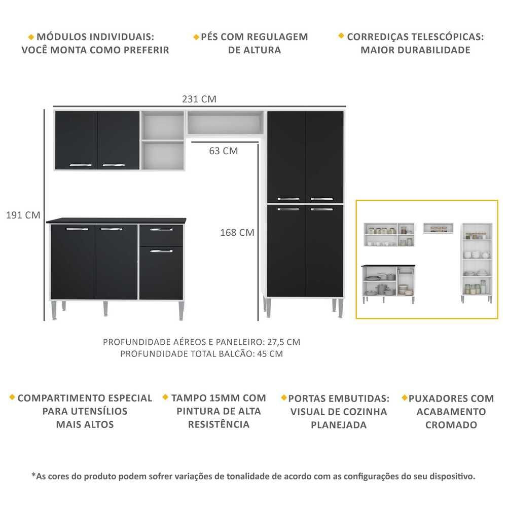 Armário de Cozinha Compacta Multimóveis Xangai Plus FG2840 Branca/Preta