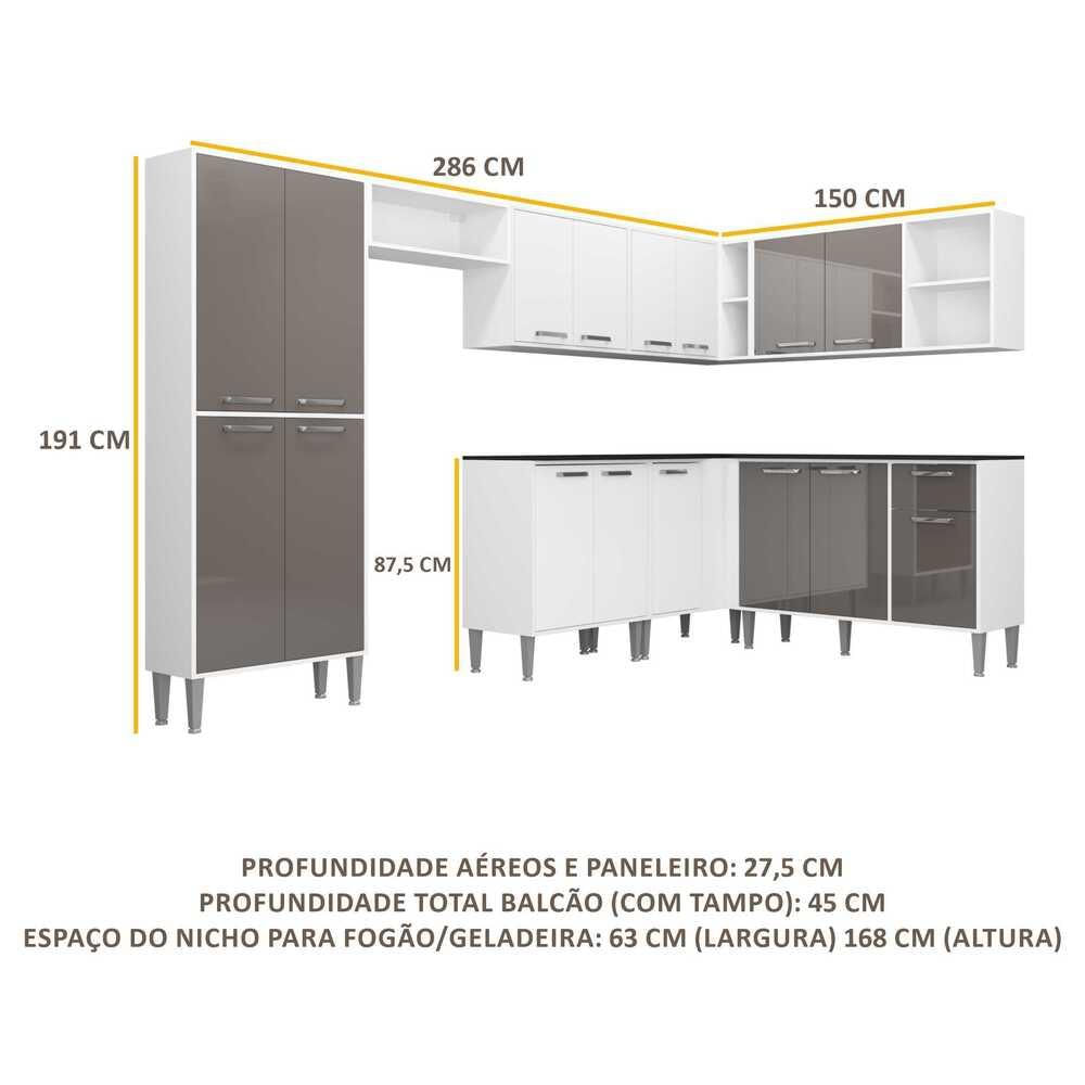 Armário de Cozinha Completa Multimóveis Xangai Soul FG3284 Branca/Lacca Fumê