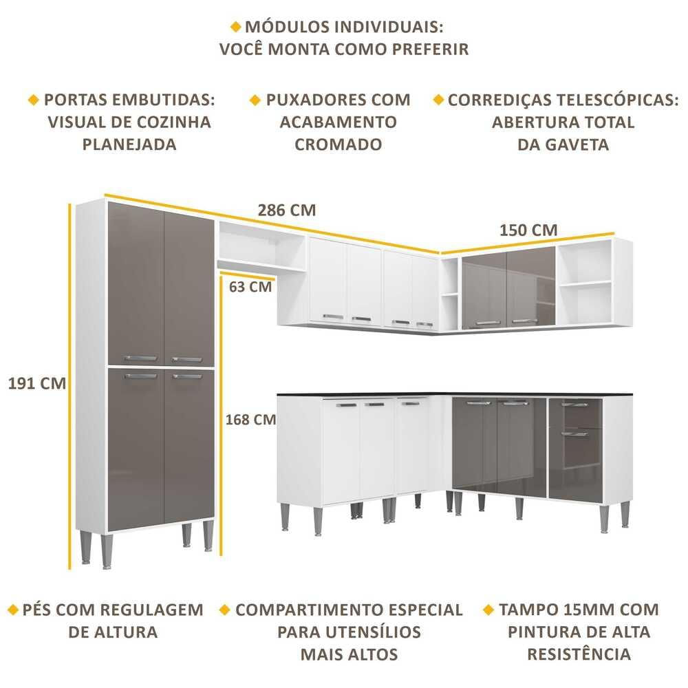 Armário de Cozinha Completa Multimóveis Xangai Soul FG3284 Branca/Lacca Fumê