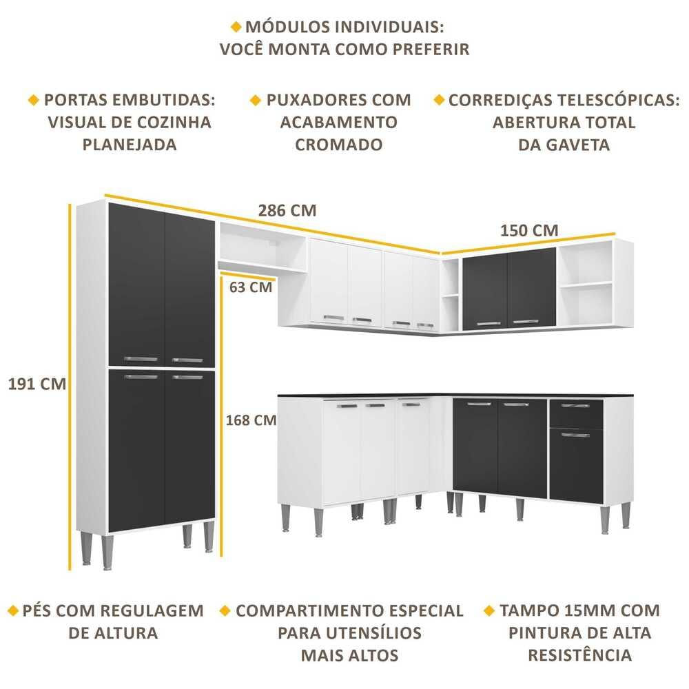 Armário de Cozinha Completa Multimóveis Xangai Soul FG3163 Branca/Preta